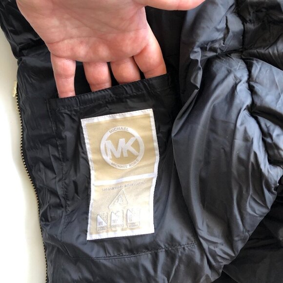 MICHAEL KORS Black Quilted Puffer Hoodie Vest Long Tunic Length high neck Gold S - Picture 15 of 16
